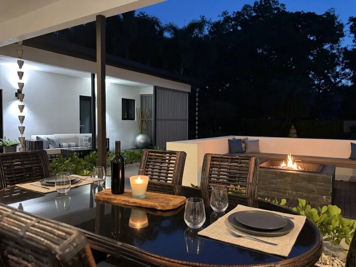 Back patio fire pit and outdoor dining terrace at evening, fire lit