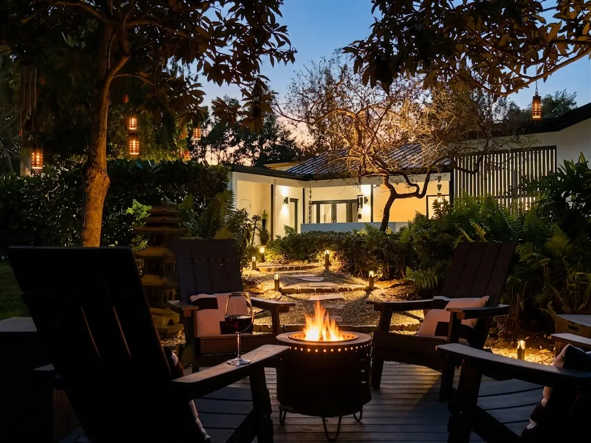 Fire pit terrace at evening, fire lit, wine glass on Adirondack chair, hanging lanterns in tree canopy, house glowing behind