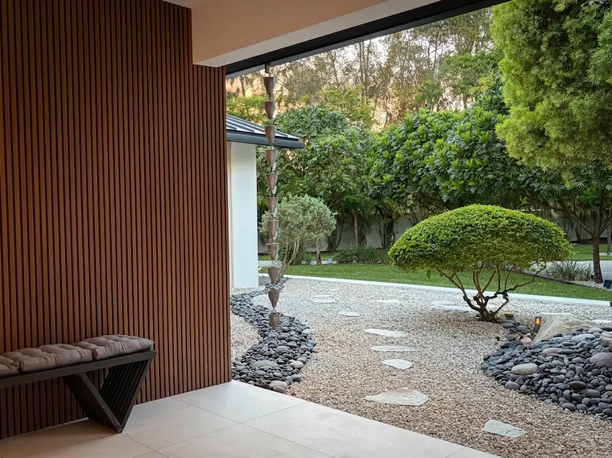 Front door looking toward Japanese-influenced landscaping