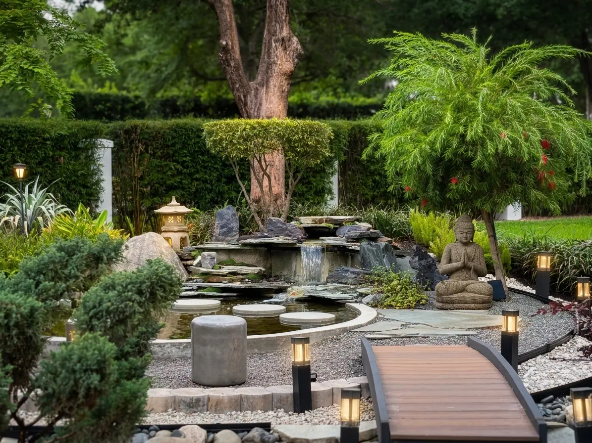 Serenity reflection pool surrounded by lush tropical landscaping