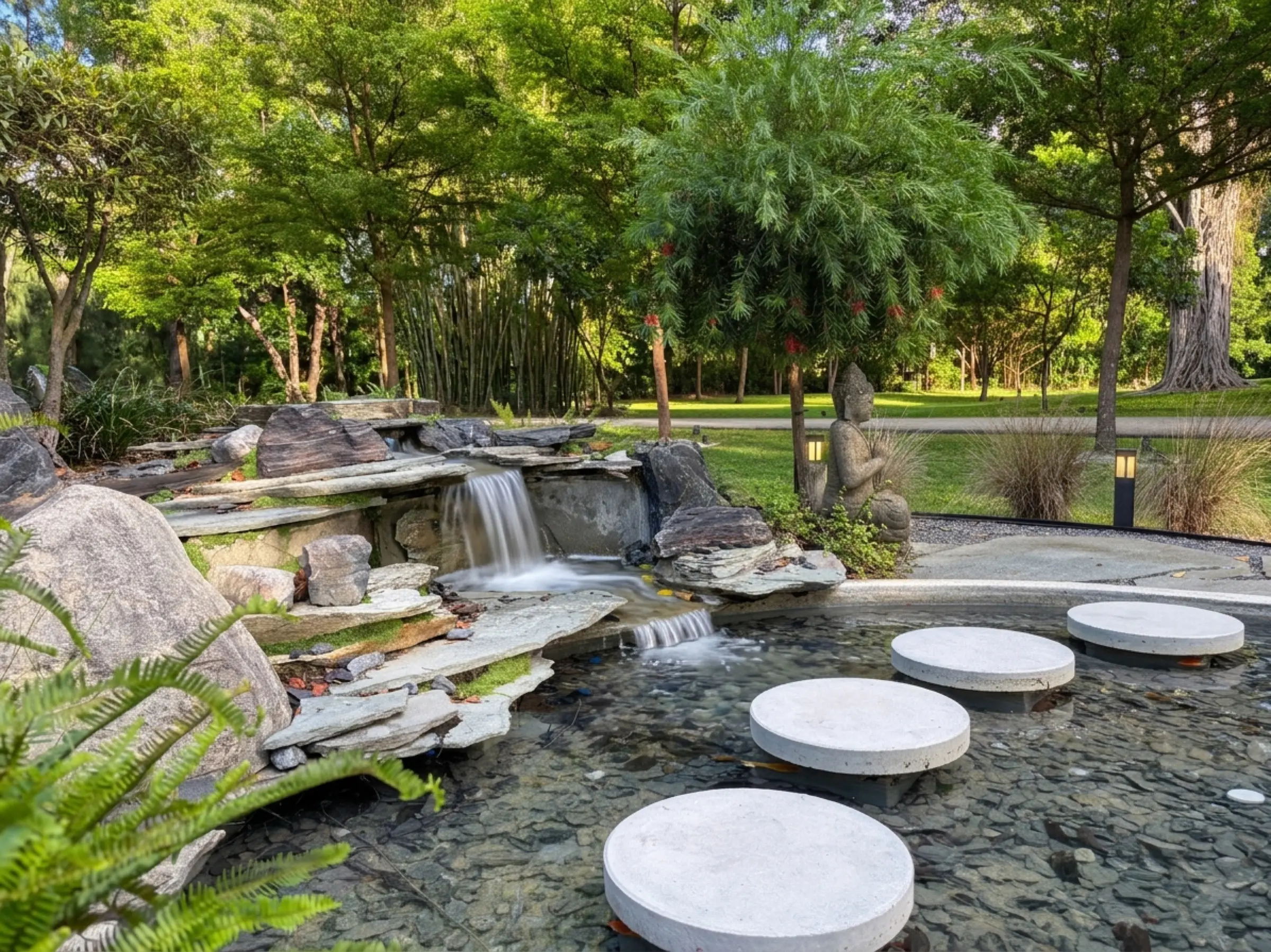 Serenity reflection pool with stone surround and waterfall feature