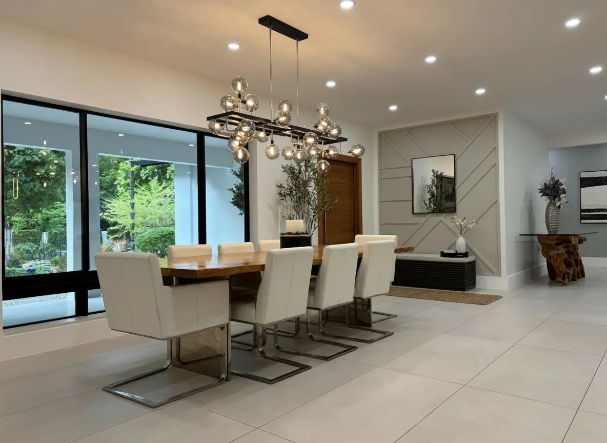 Dining room with feature wall, sculptural globe chandelier overhead, and large window looking onto the Japanese garden