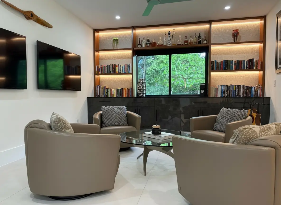 Lounge with backlit shelves and seating area
