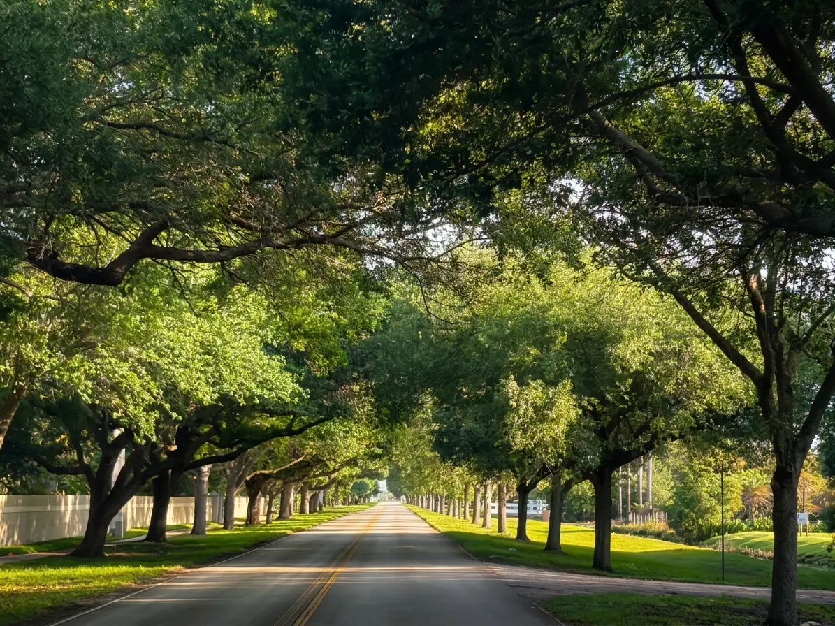 Aerial view of Marvin Lane and Sunshine Ranches oak-canopied roads