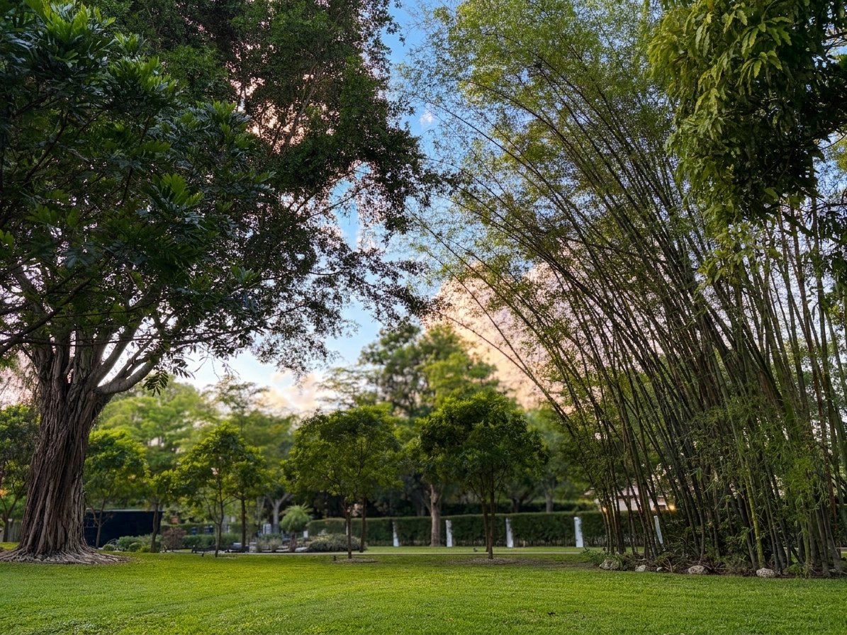 East grounds with mature tropical palms and privacy plantings