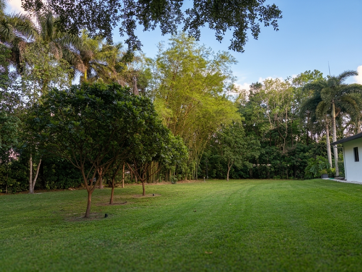 East garden path through mature tropical canopy
